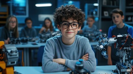 Happy cute schoolboy looks at camera sits at desk with group of diverse middle school students building innovative robot making software engineering at science lab class. STEM technologies concept.