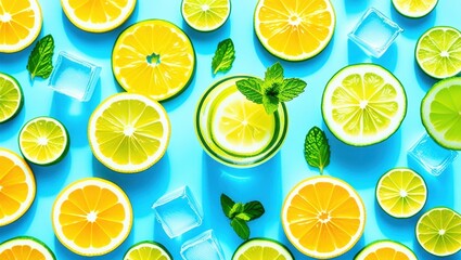 Obraz premium Vibrant citrus slices, lemon, lime, orange, bright blue background, overhead view, fresh mint leaves, colorful fruit arrangement, summer refreshment, tropical mood, high contrast, food photography, fl