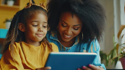 Happy female teacher tutor helping African American junior school kid girl student using digital tablet computer education program learning app technology during elementary class lesson in classroom.