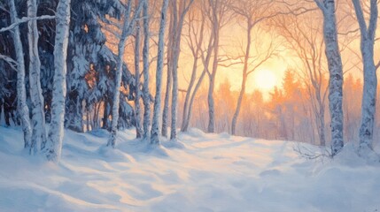 Fototapeta premium A snowy forest path leads to a breathtaking sunset, casting an orange glow on the snow-covered trees.