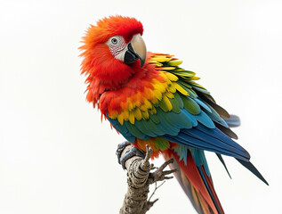 Obraz premium Majestic colorful macaw parrot with vibrant, multicolored feathers, gracefully perched and isolated on a clean white background, perfect for tropical, exotic design projects and nature themes