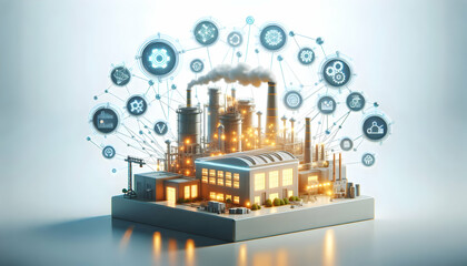 Naklejka premium 3D Manufacturing plant with glowing data connections and copy space concept as Glossy image of a manufacturing plant overlaid with glowing data connections symbolizing the interconnectedness of system