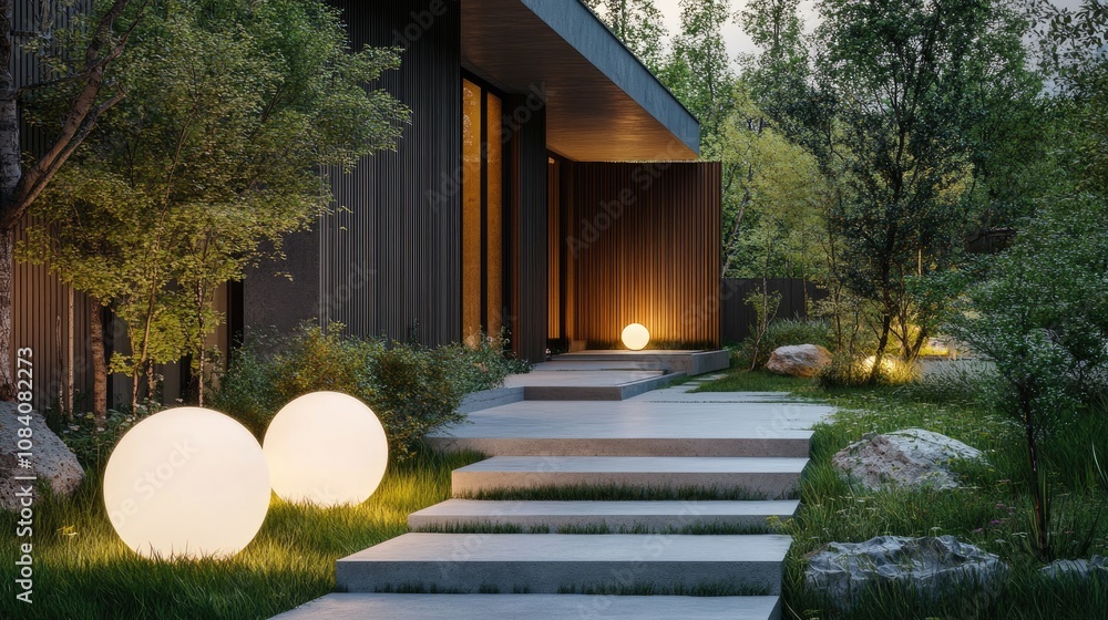 Poster here's a possible and keyword list for your stock photo.. modern home entrance with illuminated path