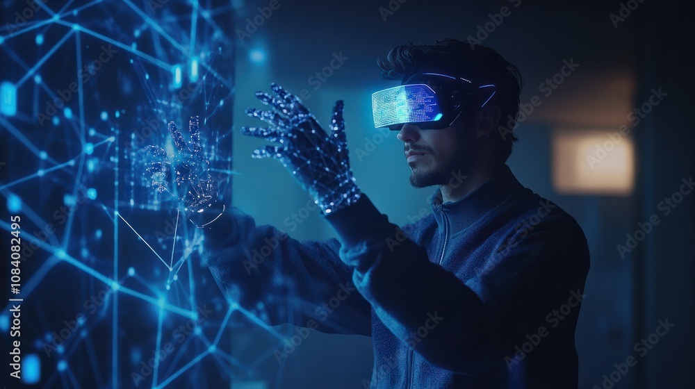 Poster man using tools ai. technology smart robot science and artificial intelligence technology, and innov
