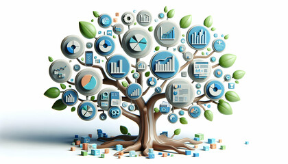 Obraz premium 3D Financial tree with branches made of graphs and charts and copy space concept as A soft abstract image depicts a tree whose branches are made of financial graphs and charts symbolizing the growth o