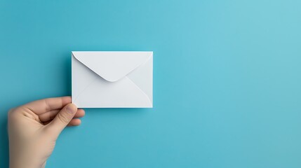 Fototapeta premium A hand holding a plain white envelope against a light blue background, suggesting communication or mailing.