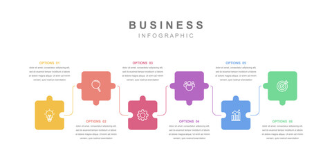 Infographic elements template Business concept with icons and 6 options, workflow layout, Jigsaw, icons, diagram, report, web design. Creative, vector, illustration.