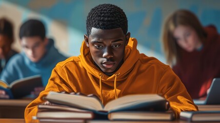 Multiracial students reading books and using laptop computers while studying at school - Focus on african guy face