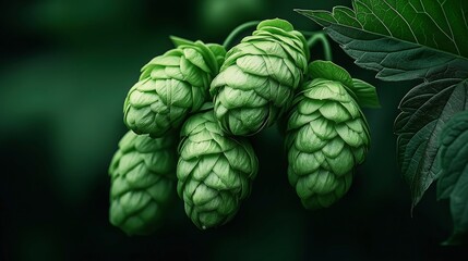 Fototapeta premium Close-up of ripe green hop cones on a vine with leaves, showcasing the texture and detail of the hops used in brewing and herbal medicine