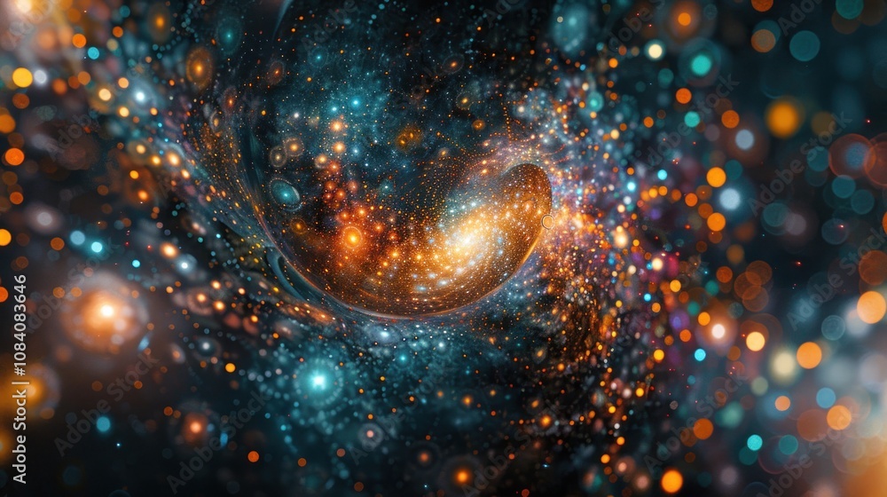 Poster abstract swirling galaxy with colorful lights and bokeh.