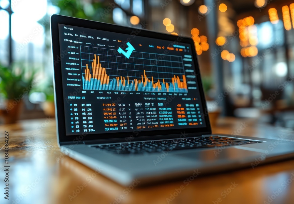 Poster laptop displaying stock market data and graphs on a wooden table in a cafe.