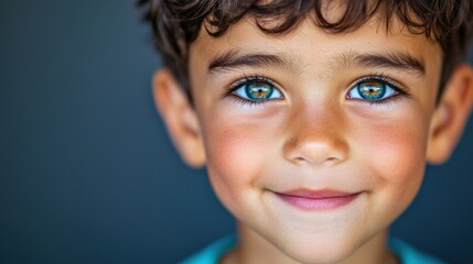 Naklejka premium A close-up portrait of a young boy with striking blue eyes and curly hair, smiling softly against a neutral background.