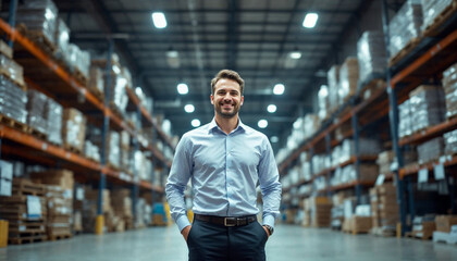 Fototapeta premium A manager stands confidently in an industrial warehouse, exuding authority and ease.