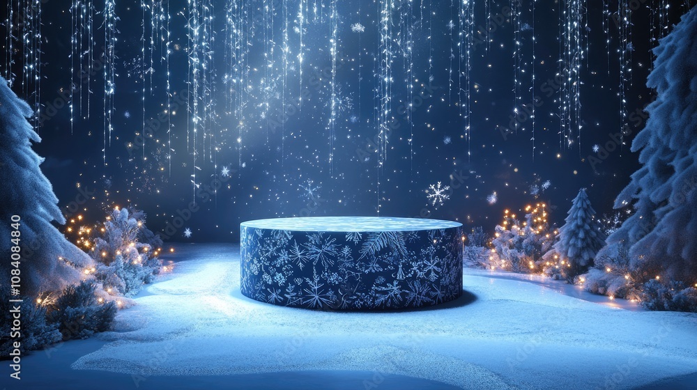 Poster a snowy winter scene with a circular podium decorated with a snowflake pattern, surrounded by pine t