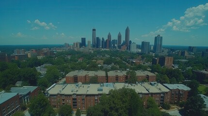 Obraz premium Aerial view of a city skyline with urban buildings and greenery in the foreground.
