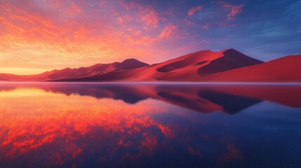 Vibrant sunset reflected in a desert lake.