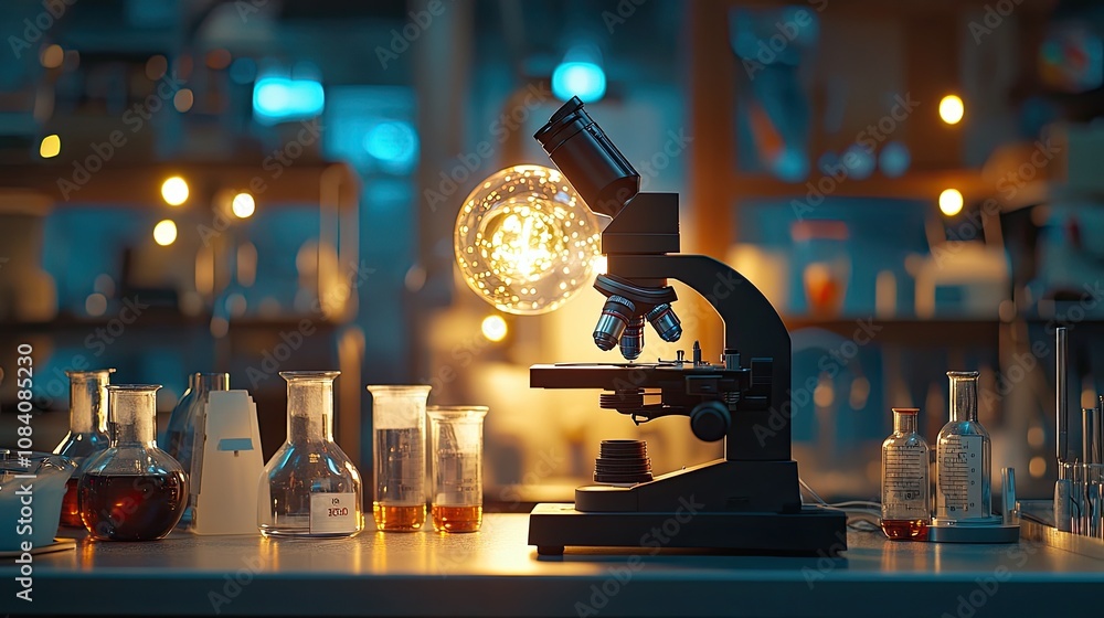 Poster microscope illuminated by a vintage light bulb in a laboratory setting.