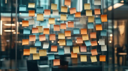 Colorful sticky notes with handwritten text are attached to a glass wall in an office setting, suggesting a brainstorming session or planning activity.