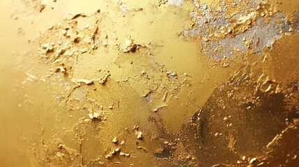 Close-up of a textured, gold painted surface with chipped paint, highlighting the metallic sheen.