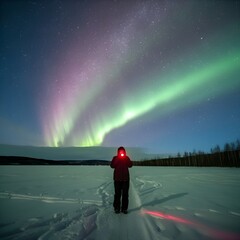 A tourist with a red flashlight stands on a snowy field beneath a breathtaking starry sky, generative ai