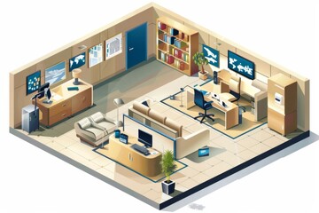 Isometric vector illustration of a travel agency, showcasing a detailed and well-organized office