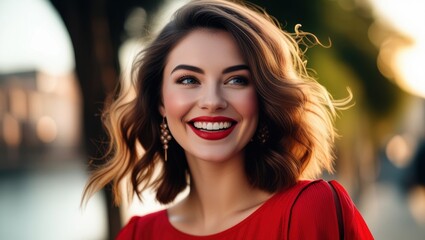 Fototapeta premium Portrait, young woman, radiant smile, red lipstick, white teeth, dark wavy hair, red sweater, warm lighting, bokeh background, golden hour, joyful expression, natural beauty, soft focus, shallow depth