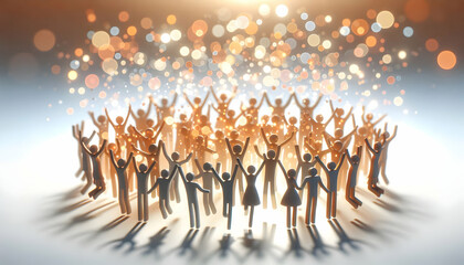 Naklejka premium 3D Bokeh image of diverse silhouettes celebrating together with copy space concept as A soft abstract image shows silhouettes of diverse people joyfully celebrating together against a bokeh background