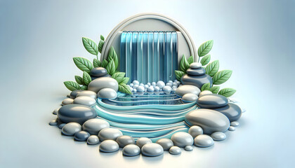 3D Glossy background with flowing water and smooth pebbles copy space below. concept as Serene glossy background featuring flowing water over smooth pebbles symbolizing tranquility and natural wellnes