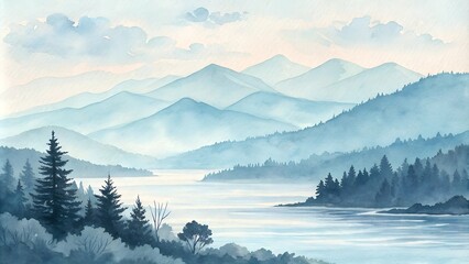 Obraz premium Tranquil landscape in soft watercolor wash with misty mountains and serene lake