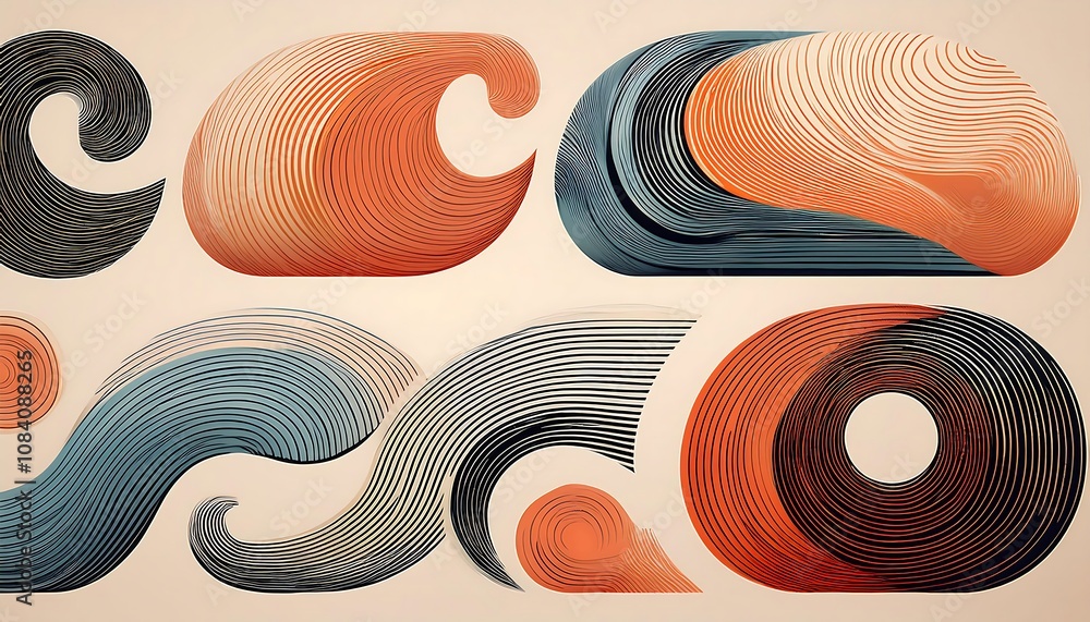 Poster a set of round, fluid shapes with textured lines and a retro feel, reminiscent of vinta_1(222)
