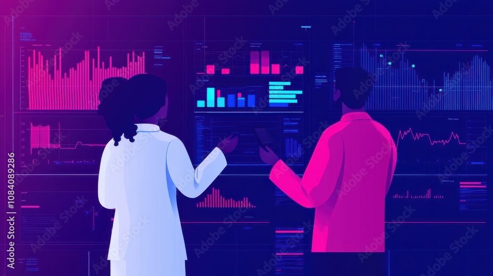 Aufkleber data analysis discussion laboratory digital graphic modern workspace informative concept