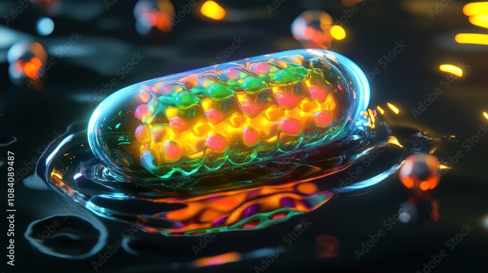 Poster microscopic view of a glowing, translucent capsule with internal structures, floating in a dark liqu
