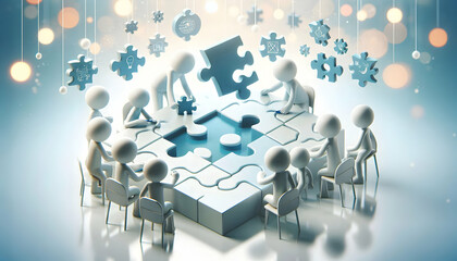 3D Employees collaborating on complex puzzle with bokeh digital art background copy space on right. concept as Employees collaborating on a complex puzzle with a bokeh digital art background represent