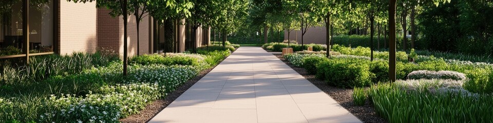 Obraz premium Scenic pathway surrounded by lush greenery in urban park