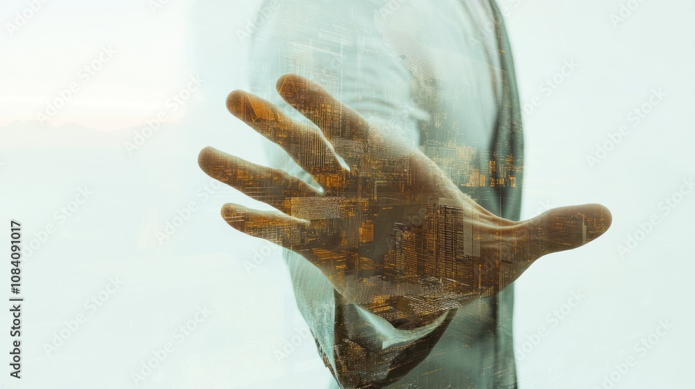 Poster double exposure of businessman hand working with new modern computer and business strategy as concep