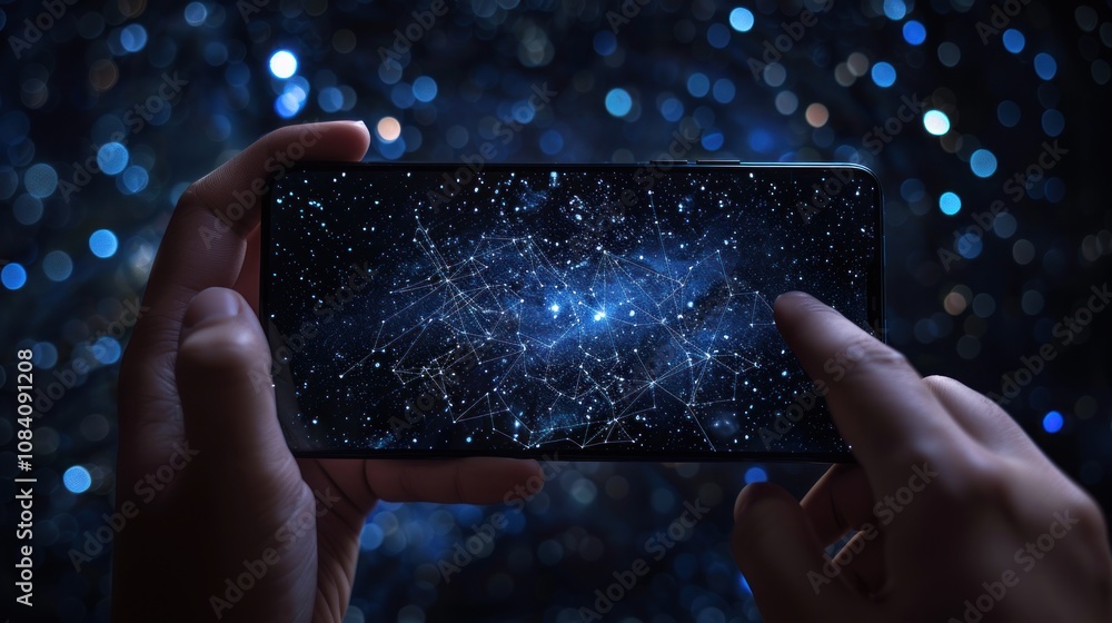 Poster close-up of hands holding a smartphone with a glowing network design on the screen.