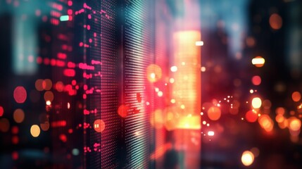 Glowing stock analytics on blurry city background. Trade and investment concept. Multiexposure