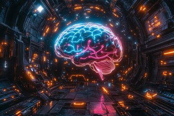 Brain blueprint illustration. vibrant digital brain illustration in futuristic environment, showcasing neural connections and glowing lights, evokes sense of advanced technology and creativity