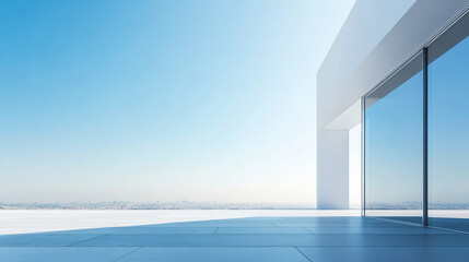 Fototapeta premium Modern balcony with panoramic city view under clear blue sky in daytime