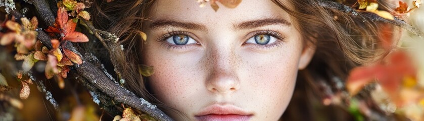 Obraz premium A close-up portrait of a young woman framed by colorful autumn leaves and branches, emphasizing her radiant eyes and natural beauty, Ideal for beauty, nature, and seasonal themes in marketing,