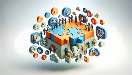 3D Floating puzzle pieces with team icons isolated on white background concept as Floating puzzle pieces adorned with team icons symbolizing flexibility and dynamic teamwork in team building puzzle so