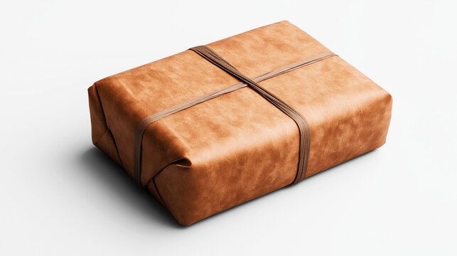 Rectangular package wrapped in brown fabric with a crisscrossed brown string on a plain light background.
