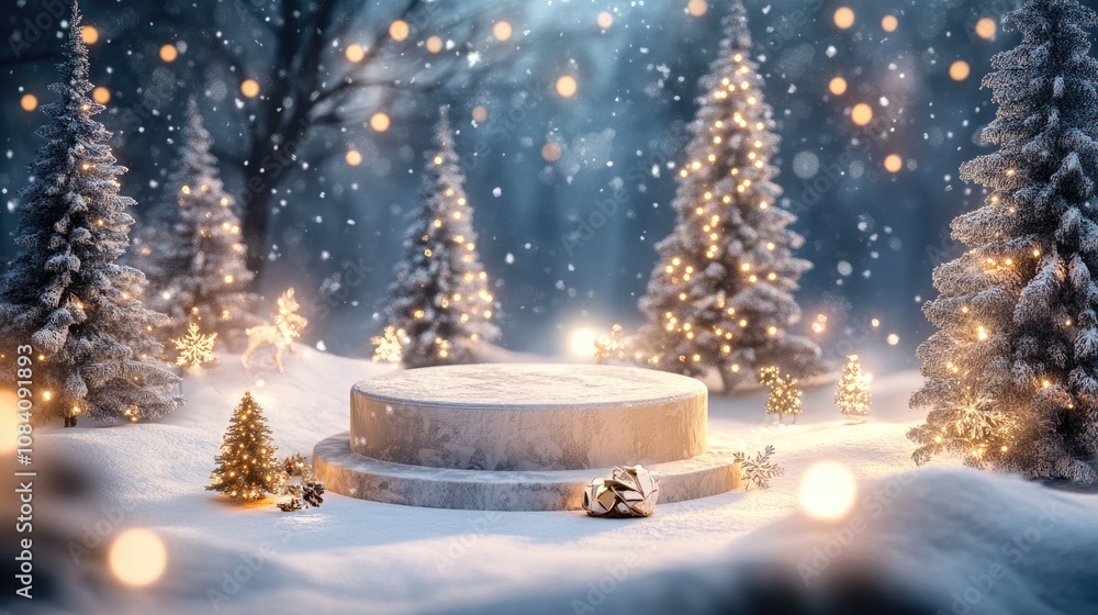 Poster a snowy winter scene with a circular platform surrounded by snow-covered trees with twinkling lights
