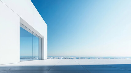 Obraz premium Modern balcony with panoramic city view under clear blue sky in daytime