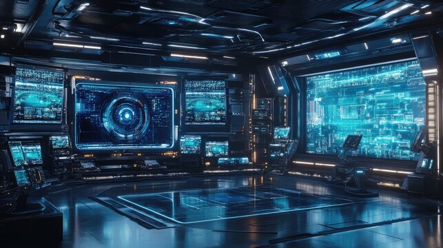 Futuristic spaceship bridge interior with a large panoramic screen and various control panels.