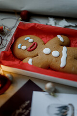 Fototapeta premium Funny Gingerbread man. Christmas and New Year food. homemade