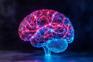 3D brain model with glowing lights in pink and blue colors, representing neural connections and cognitive processes. This high fidelity visualization captures complexity of human brain