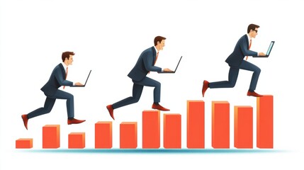 Fototapeta premium Sales managers with laptops and growth chart. Sales growth and manager, accounting, sales promotion and operations concept on white background. Living coral blue vector isolated illustration