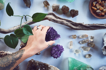 Amethyst, hands and person with crystals, nature and minerals, reiki and health with spirit rock....