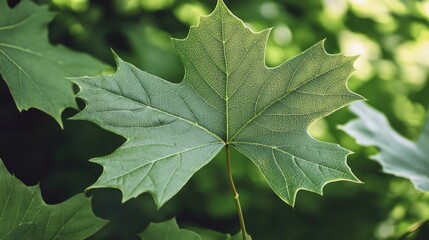 Close-up of a single green maple leaf with other leaves in the background.
